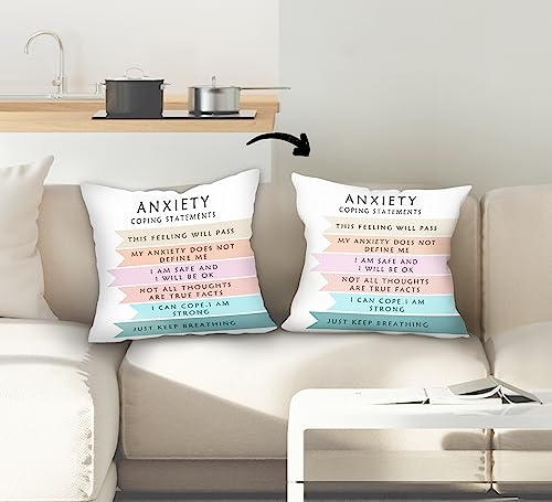 Anxiety Coping Statements Decorative Double-Sided Throw Pillow Covers 18×18 Inch, School Counseling Pillow Cases Cushion for Bedroom Living Room, Mental Health Therapy Women Men Kids Gifts