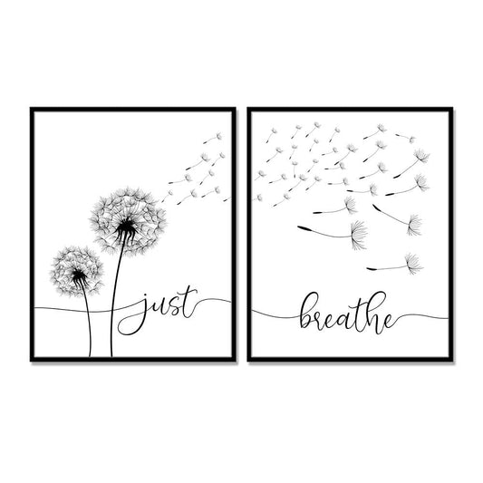 Just Breathe Set Of 2 Prints Dandelion Wall Art Buddha Yoga Wall Decor Inhale Exhale Relax Dandelion Wall Decor Bedroom Art UNFRAMED 11x14inch