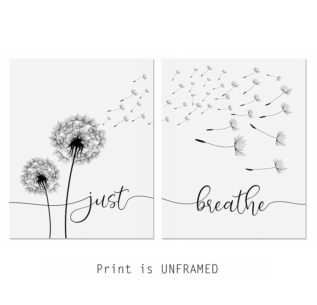 Just Breathe Set Of 2 Prints Dandelion Wall Art Buddha Yoga Wall Decor Inhale Exhale Relax Dandelion Wall Decor Bedroom Art UNFRAMED 11x14inch