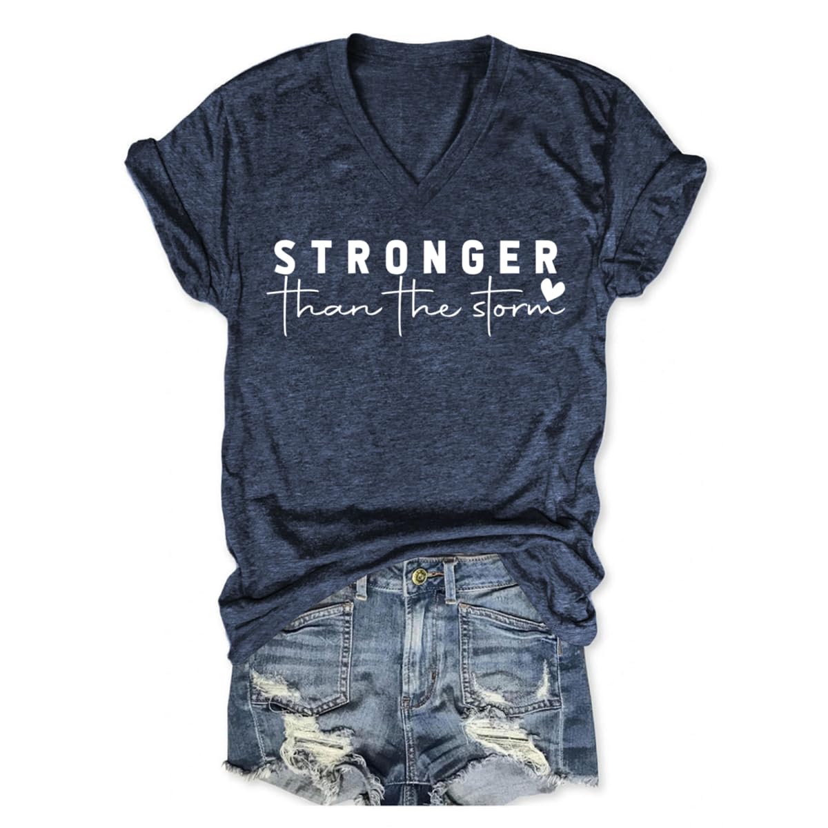 Stronger Than The Storm Tshirt Women Christian V Neck T Shirts Religious Faith Graphic Tees Inspirational T-Shirts