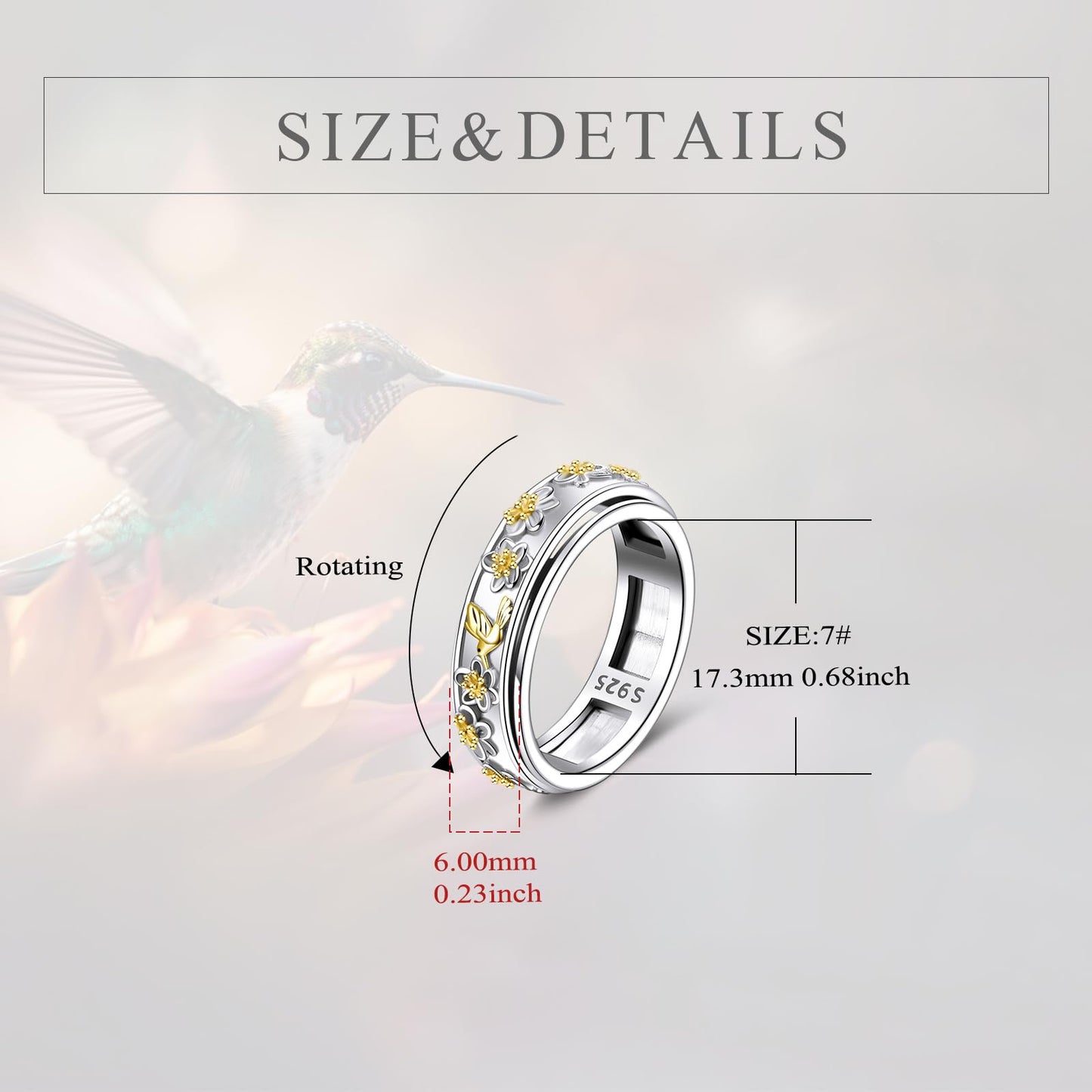 POPLYKE Sterling Silver Anxiety Spinner Rings Rotatable Mood Rings for Women Relieve Stress Gift