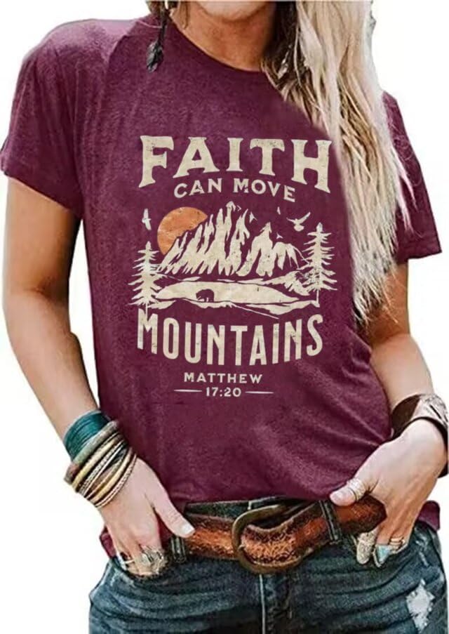 Sun and Mountain Shirt for Women Camping Hiking Shirt Sunrise Pine Tree Graphic Tees Nature Casual Short Sleeve Shirt