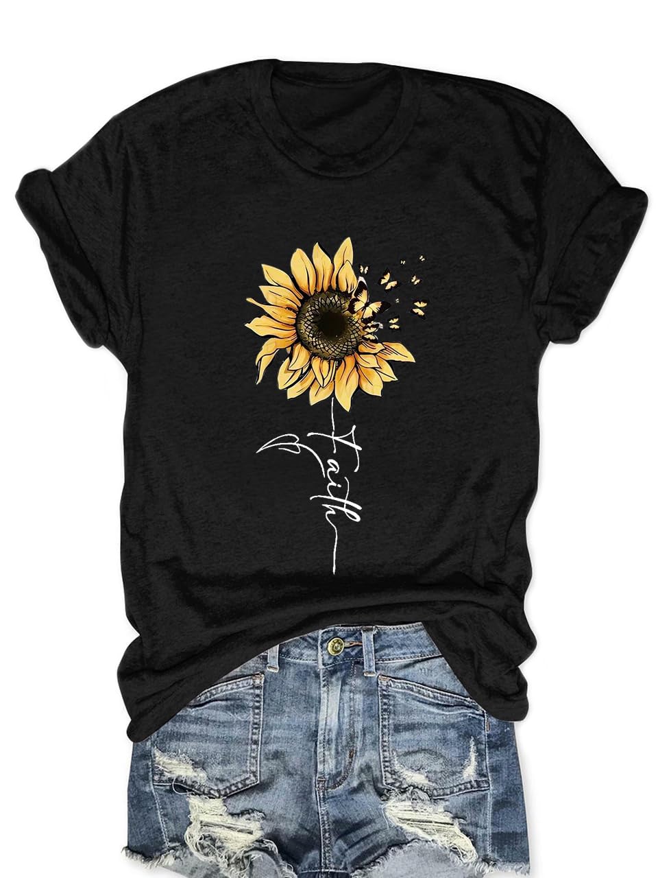 Sunflower Shirts for Women Faith Graphic Tees Short Sleeve Loose Fit Butterfly Teen Girls T Shirt Summer Tops