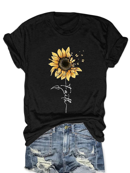 Sunflower Shirts for Women Faith Graphic Tees Short Sleeve Loose Fit Butterfly Teen Girls T Shirt Summer Tops