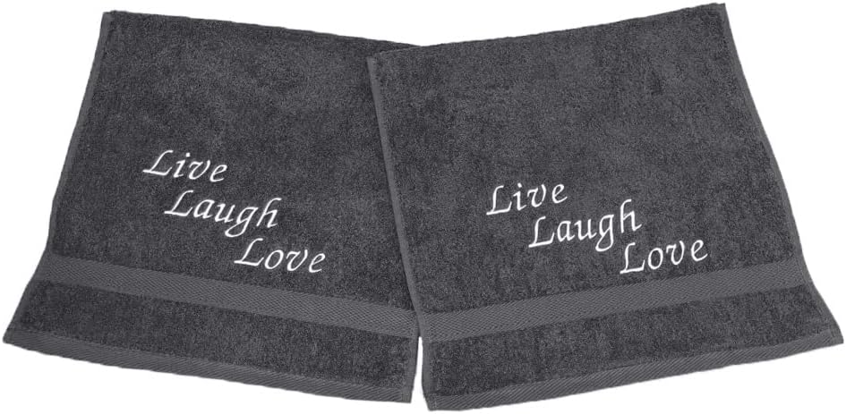 Embroidered Hand Towels with Inspirational Message (Set of 2) for Bathroom, Kitchen or Spa. (Grey, Live, Laugh, Love)