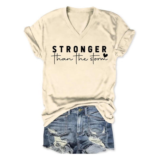 Stronger Than The Storm Tshirt Women Christian V Neck T Shirts Religious Faith Graphic Tees Inspirational T-Shirts