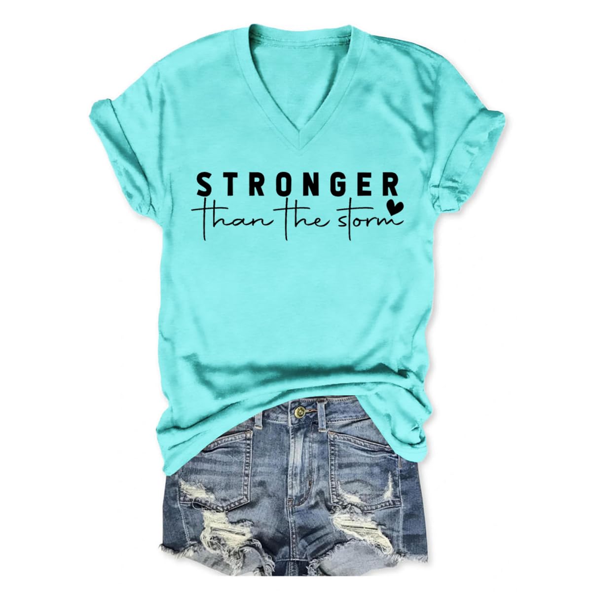 Stronger Than The Storm Tshirt Women Christian V Neck T Shirts Religious Faith Graphic Tees Inspirational T-Shirts