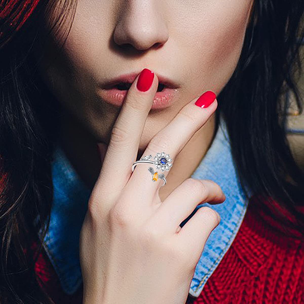 Honsny 6Pcs 14K Gold Plated Anxiety Rings for Women, Adjustable Spinner Anxiety Ring, CZ Butterfly Bee Moon Star Fidget Rings for Anxiety Stress Relief for Women