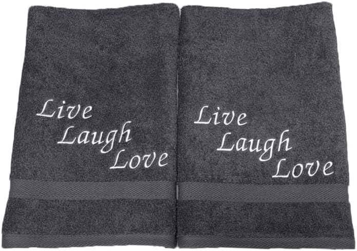Embroidered Hand Towels with Inspirational Message (Set of 2) for Bathroom, Kitchen or Spa. (Grey, Live, Laugh, Love)