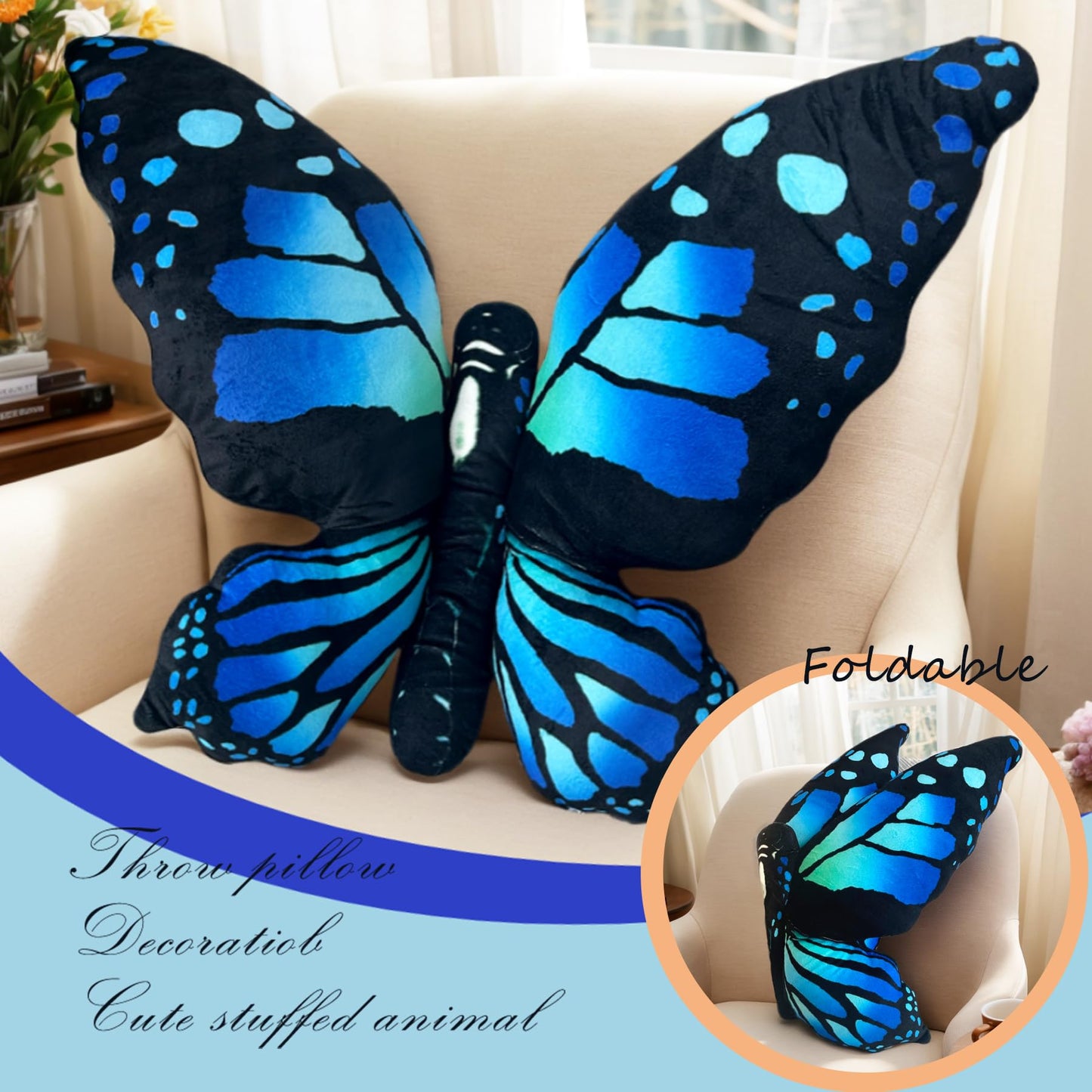 Butterfly Decorations Pillow Decorative Throw-Pillow Stuffed Animal Plush Gifts for Women Decor for Room Home Garden 24.4" x 16.5"