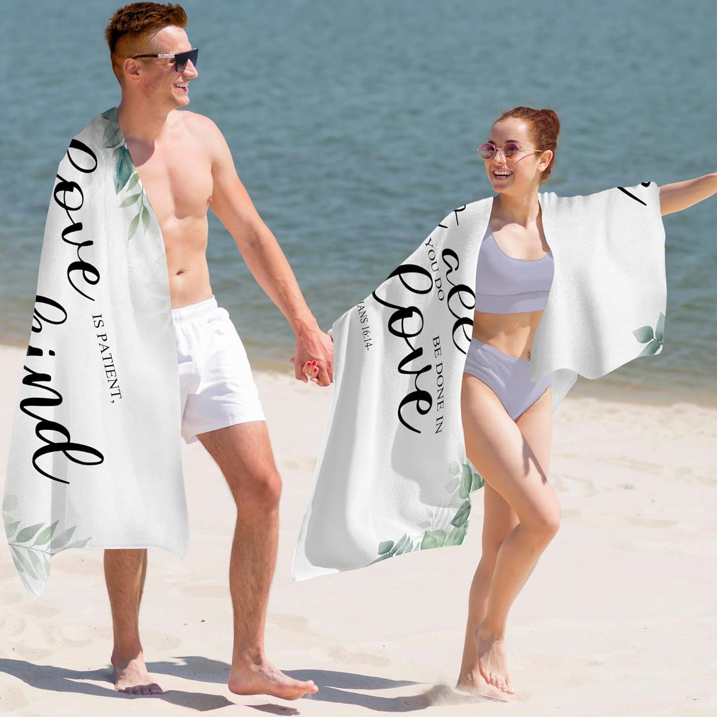 Couple Christian Let All That You Do Be Done in Love Beach Towel Set of 2, Honeymoon Wedding Beach Towels Valentines Day Gifts for Bride Groom, Rustic Beach Towels Decor for Bathroom 30x60in