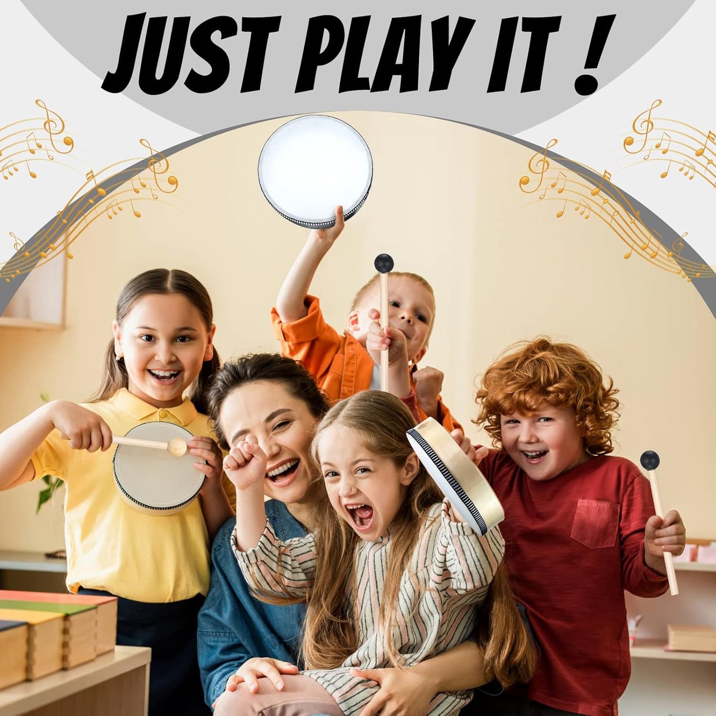 16 Pcs Kids Hand Drums Wooden Frame Drum with Drum Stick, 12 Inch 10 Inch 8 Inch 6 Inch Educational Musical Instruments for Adults Drums Beginners for Home School Party Supplies (Black and Wood Color)