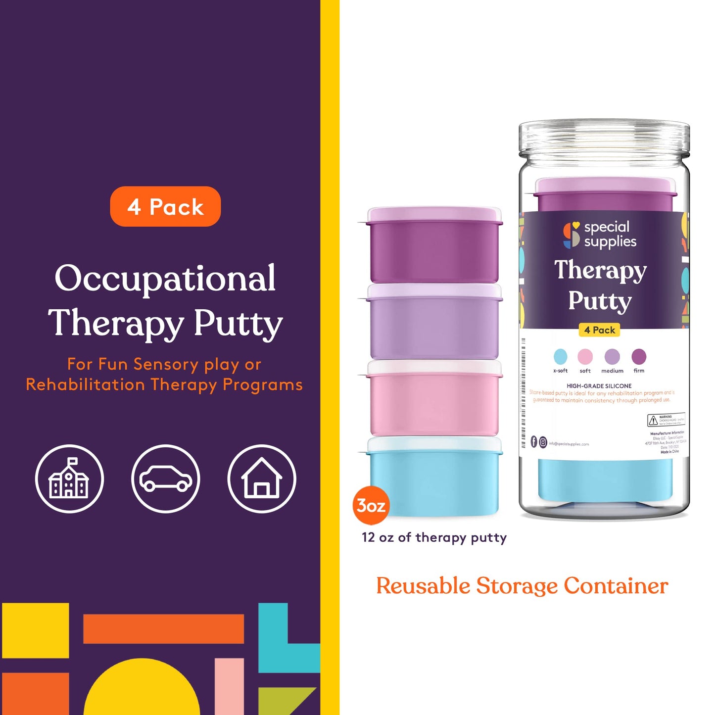 Special Supplies Therapy Putty for Teens and Adults - Resistive Hand Exercise Stress Relief Therapy Putty Kit, Set of 4 Strengths, Three Ounces of Each Putty (Primary Colors)