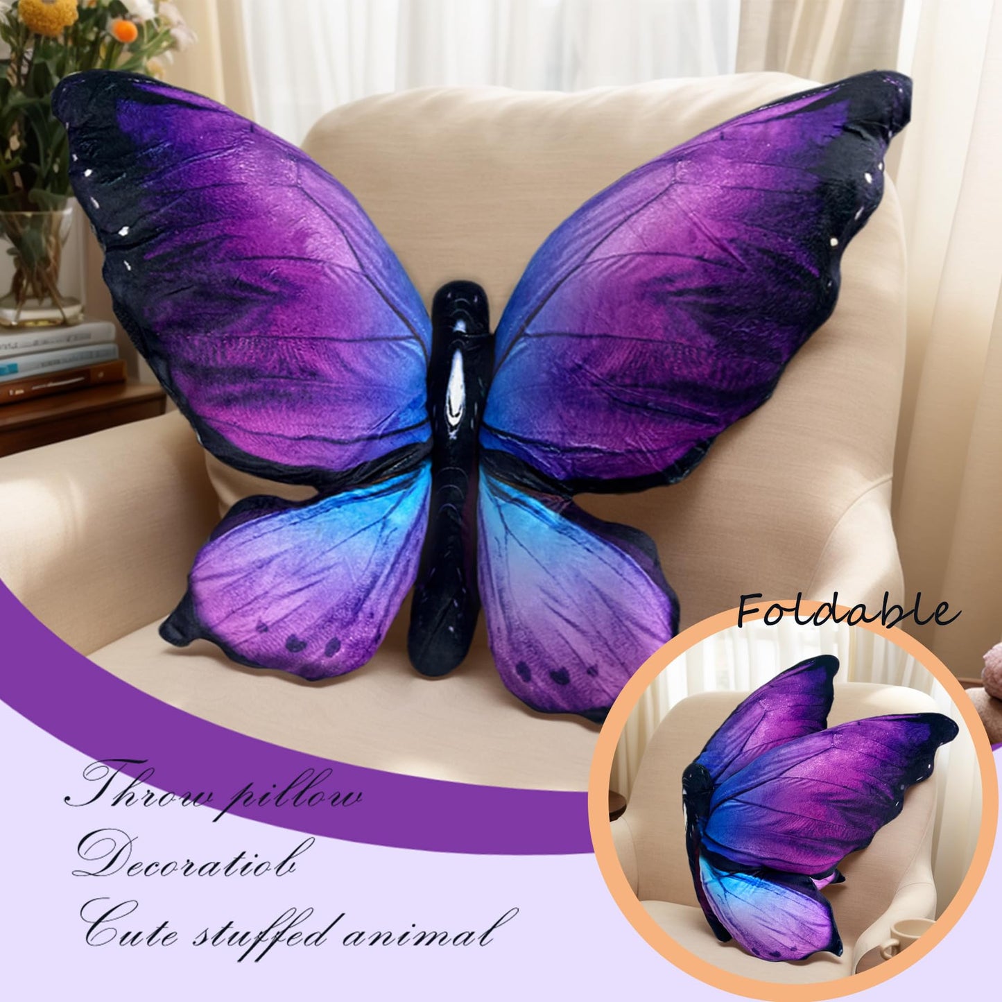 Butterfly Decorations Pillow Decorative Throw-Pillow Stuffed Animal Plush Gifts for Women Decor for Room Home Garden 24.4" x 16.5"