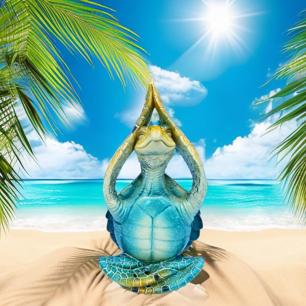 VVGIFTS Sea Turtle Meditation Yoga Decor, Garden Figurine Sea Turtle Meditating Coastal Beach Decorations, Zen Yoga Resin Statue for Home Office Decorations (Put The Palm Separate)