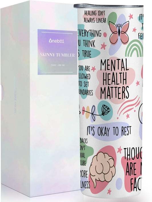 Onebttl Mental Health Gifts for Women, Therapist Gifts, 20 oz Skinny Tumbler, Inspirational Gifts for Friends, Colleagues, Coworkers on Birthday, Christmas, White