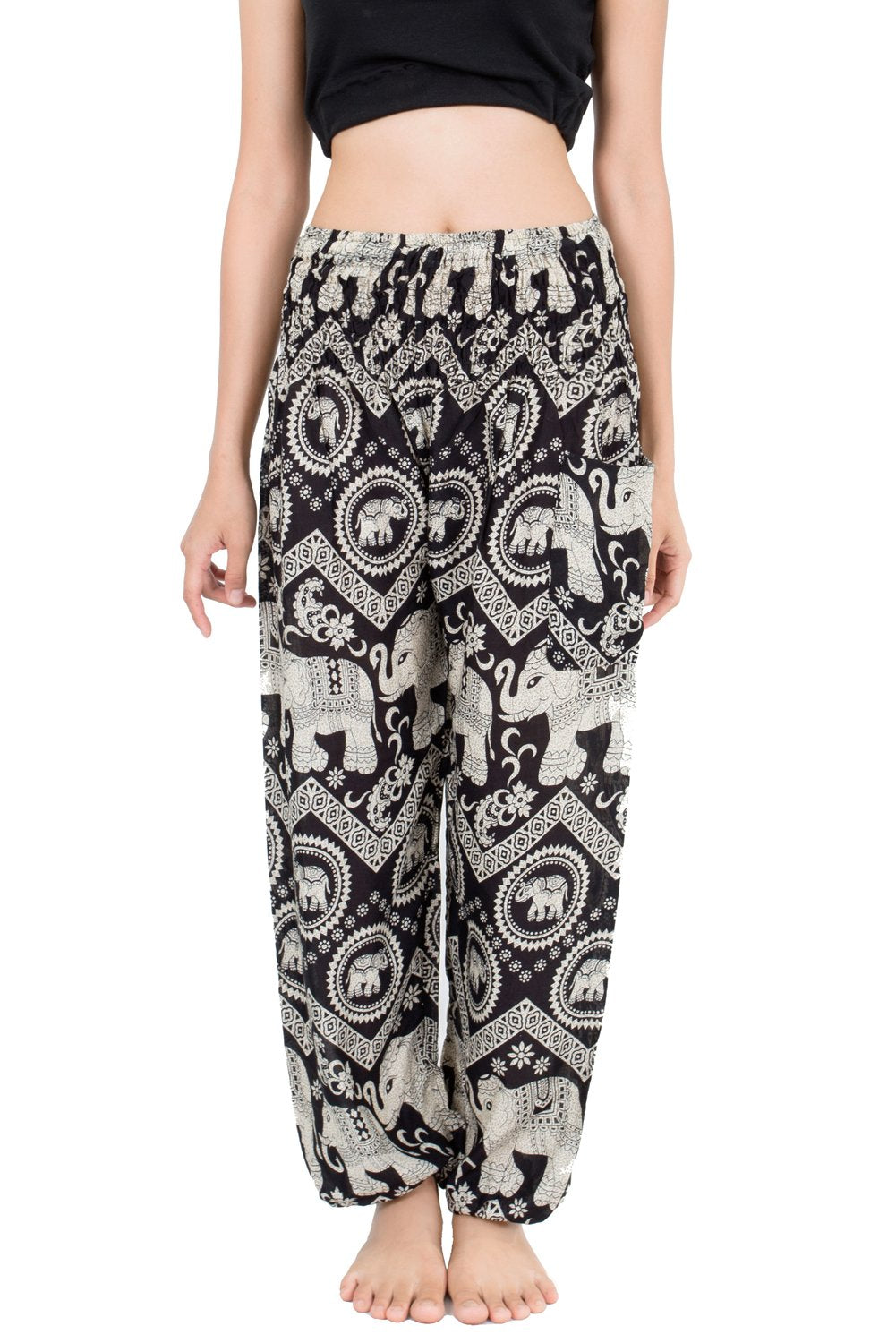 Banjamath® Women's Smocked Waist Harem Hippie Boho Yoga Palazzo Casual Pants