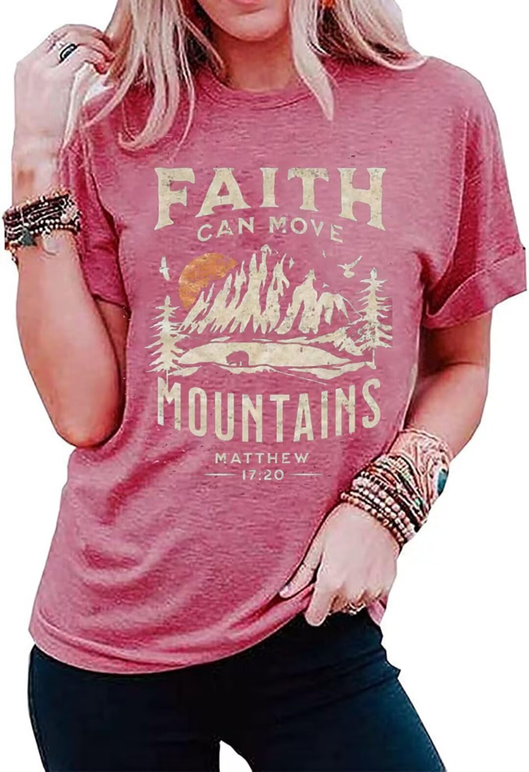 Sun and Mountain Shirt for Women Camping Hiking Shirt Sunrise Pine Tree Graphic Tees Nature Casual Short Sleeve Shirt