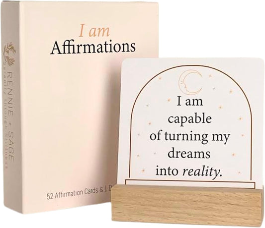 I Am Positive Affirmation Cards | 52 Decor Cards with Wooden Stand | Inspirational Cards with Soothing Colors to Display on Vision Boards | Giftable Affirmations