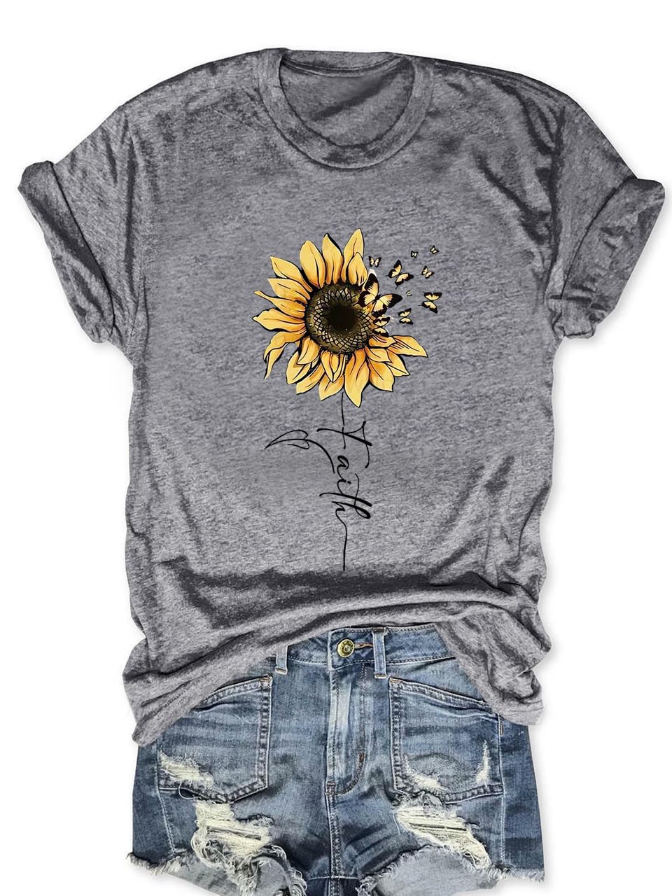 Sunflower Shirts for Women Faith Graphic Tees Short Sleeve Loose Fit Butterfly Teen Girls T Shirt Summer Tops
