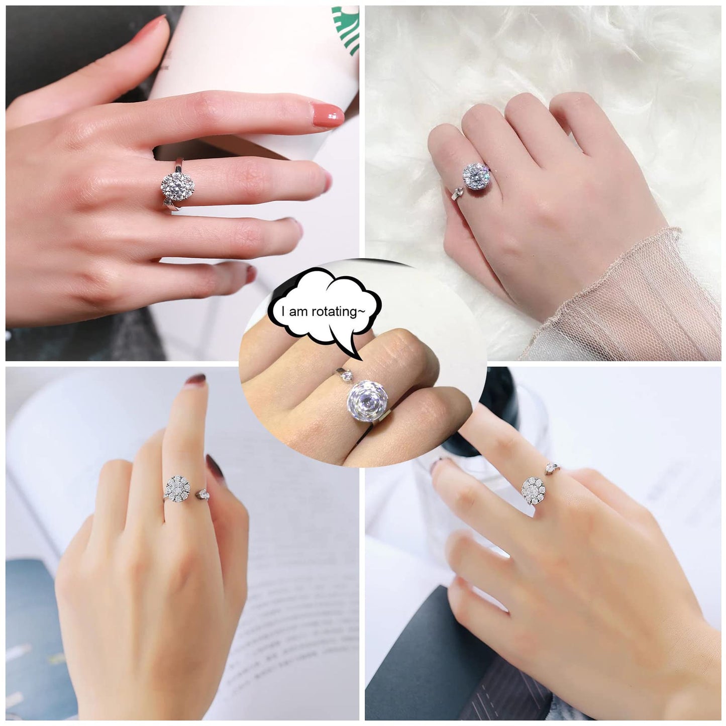 Honsny 6Pcs 14K Gold Plated Anxiety Rings for Women, Adjustable Spinner Anxiety Ring, CZ Butterfly Bee Moon Star Fidget Rings for Anxiety Stress Relief for Women