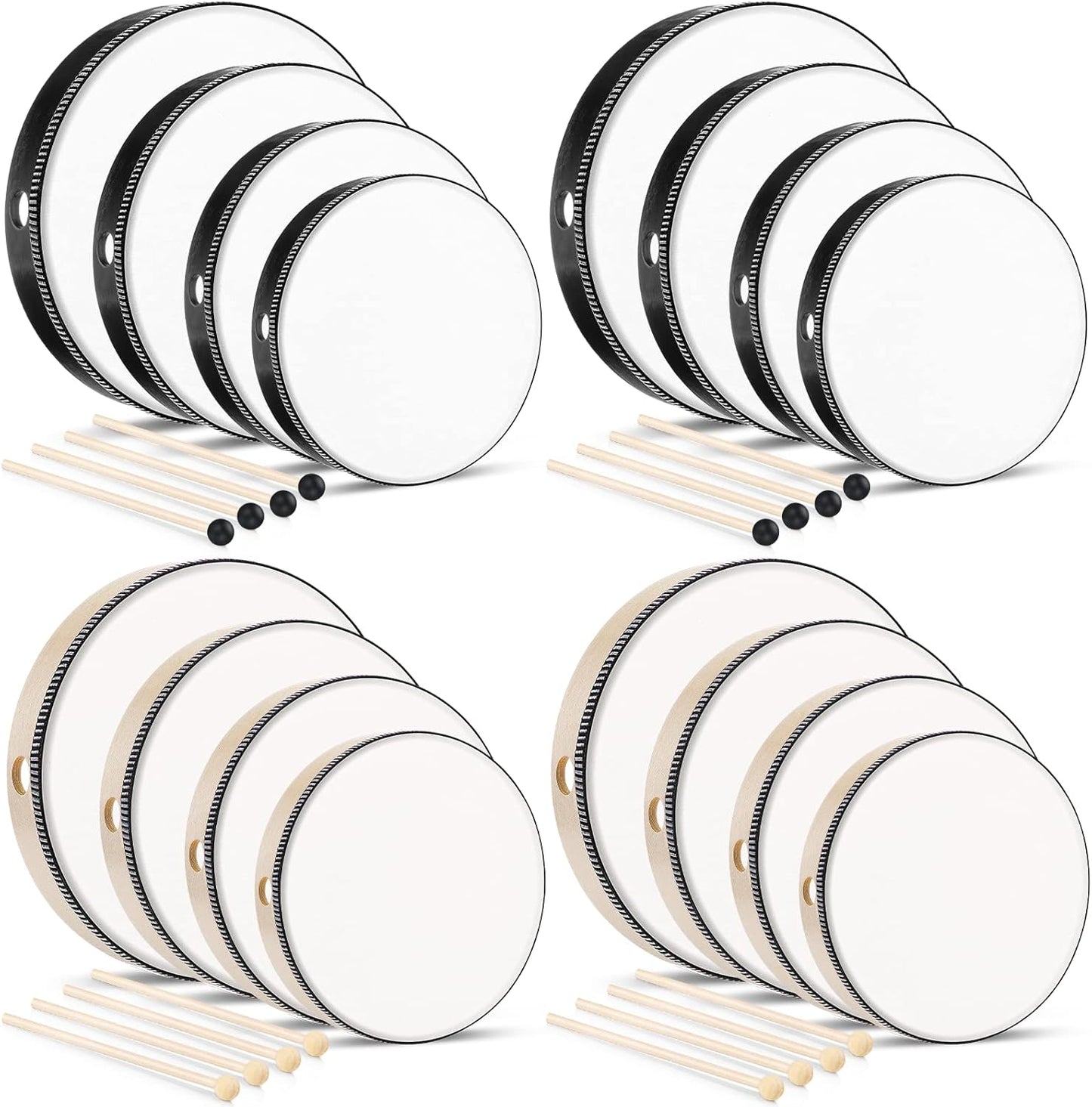 16 Pcs Kids Hand Drums Wooden Frame Drum with Drum Stick, 12 Inch 10 Inch 8 Inch 6 Inch Educational Musical Instruments for Adults Drums Beginners for Home School Party Supplies (Black and Wood Color)
