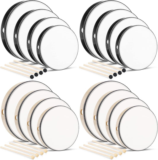 16 Pcs Kids Hand Drums Wooden Frame Drum with Drum Stick, 12 Inch 10 Inch 8 Inch 6 Inch Educational Musical Instruments for Adults Drums Beginners for Home School Party Supplies (Black and Wood Color)