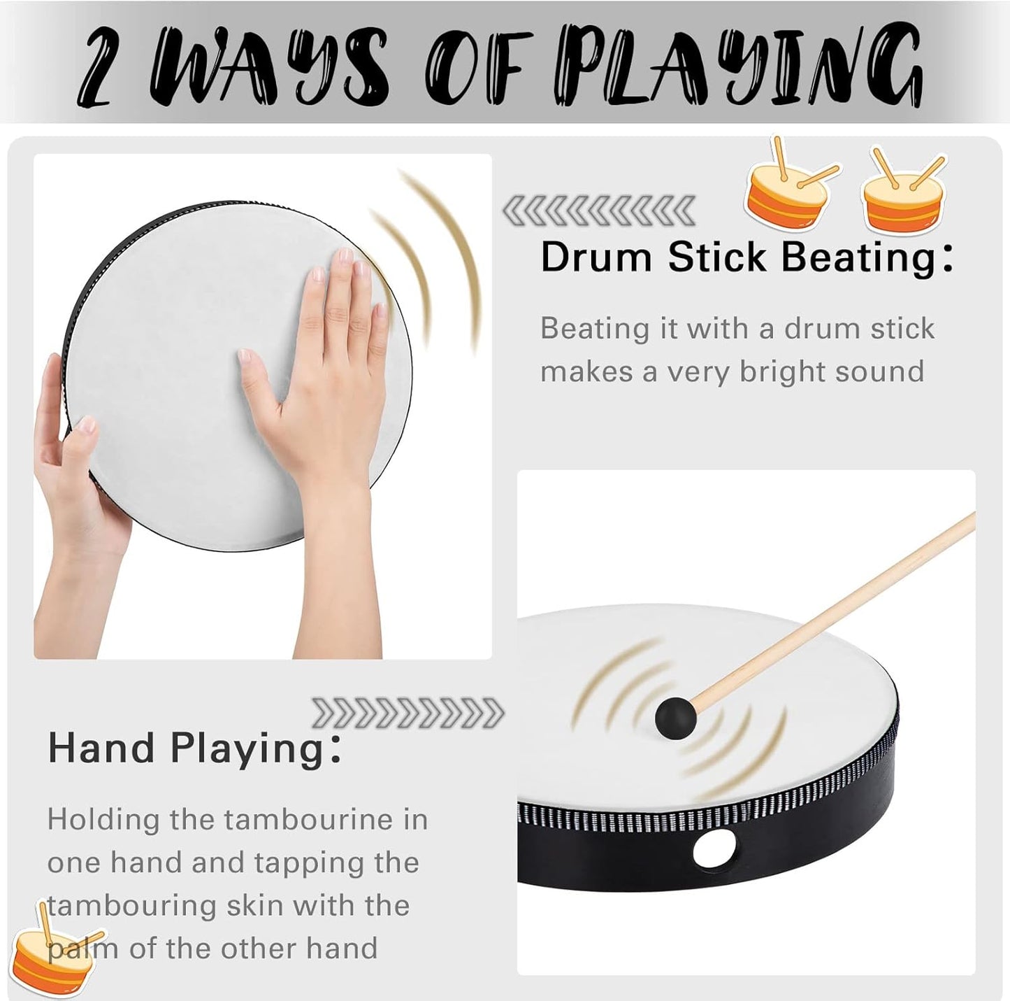 16 Pcs Kids Hand Drums Wooden Frame Drum with Drum Stick, 12 Inch 10 Inch 8 Inch 6 Inch Educational Musical Instruments for Adults Drums Beginners for Home School Party Supplies (Black and Wood Color)