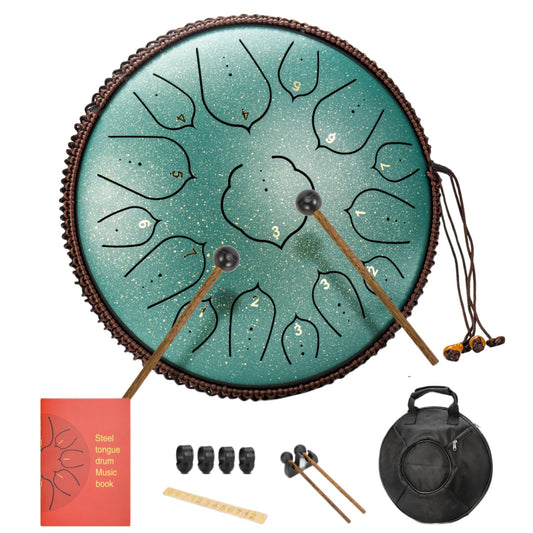 Steel Tongue Drum 14 Inches 15 Notes Hand Pan Drum Rain Drum Percussion for Meditation Yoga Musical Education for Adult& Kids(Lotus Green)