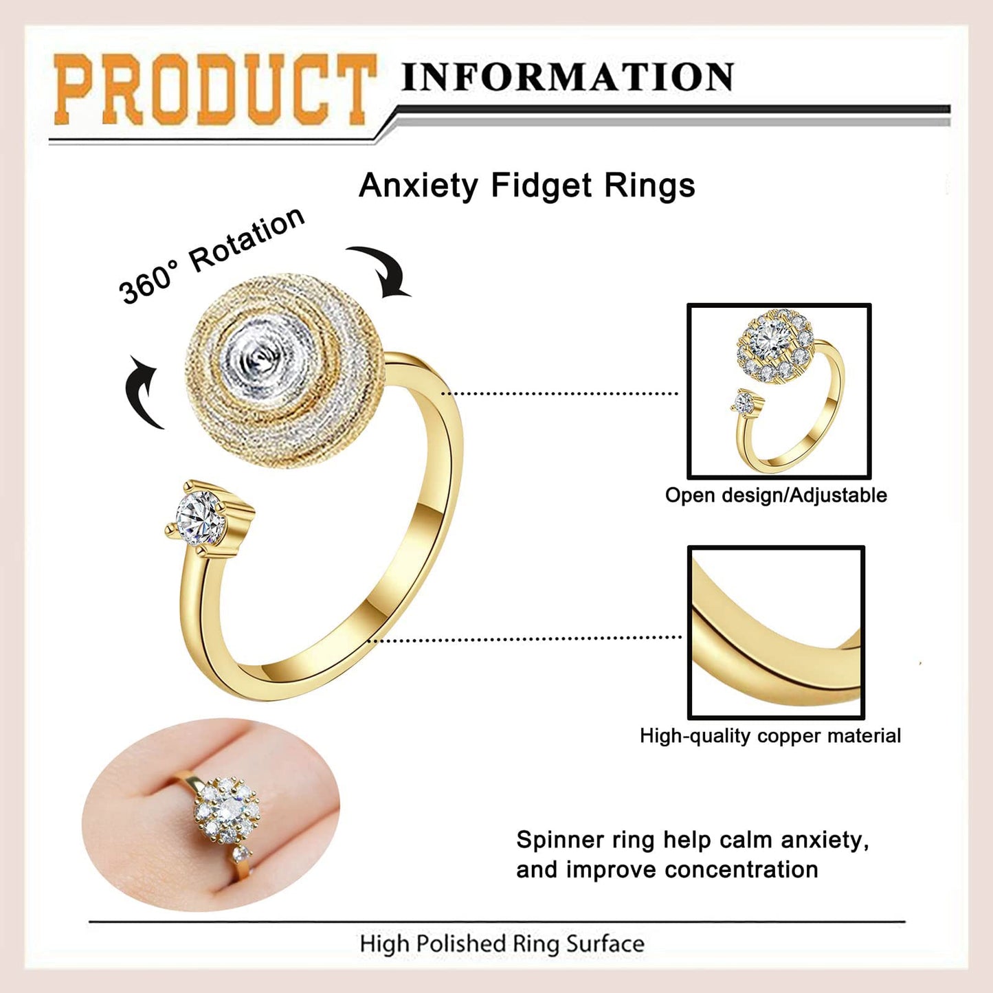 Honsny 6Pcs 14K Gold Plated Anxiety Rings for Women, Adjustable Spinner Anxiety Ring, CZ Butterfly Bee Moon Star Fidget Rings for Anxiety Stress Relief for Women