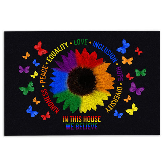 OhaPrints Hate Has No Home Here Kindness Peace Equality Love LGBT LGBTQ Welcome Doormat Front Rubber Door Mat Home Porch Decor Outdoor Indoor Entrance Floor Entryway Rug Modern Outside Entry Carpet