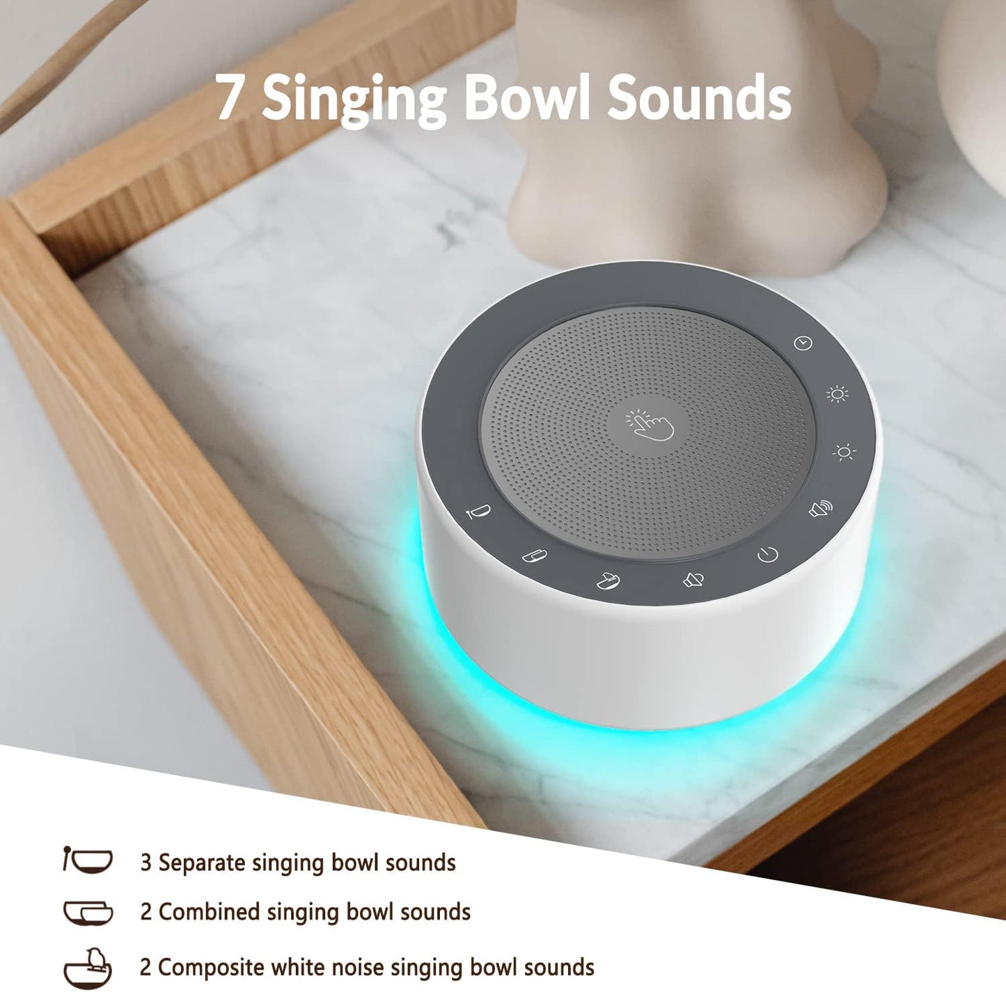 Kipcush Tibetan Meditation Bowl Sound Machine - 7 Different Sized Singing Bowls Sounds for Yoga, Meditation, Mindfulness, Chakra Healing, Sound Therapy and Stress Relief, Timer, Plug in