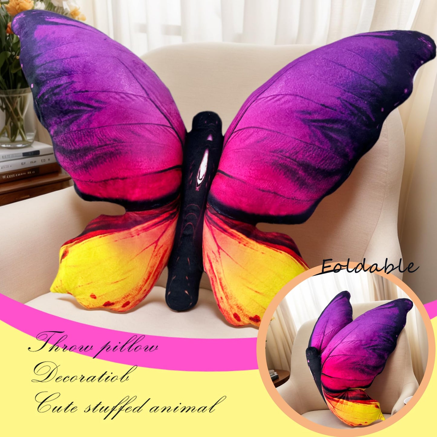 Butterfly Decorations Pillow Decorative Throw-Pillow Stuffed Animal Plush Gifts for Women Decor for Room Home Garden 24.4" x 16.5"