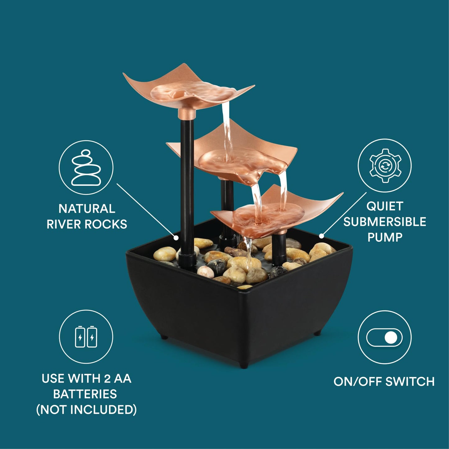 Homedics Tabletop Water Fountain, Home Décor Soothing Sound Machine - Automatic Pump, Deep Basin & Natural River Rocks. Indoor Zen Relaxation for Office, Living Room, or Bedroom, 8.25” Tall