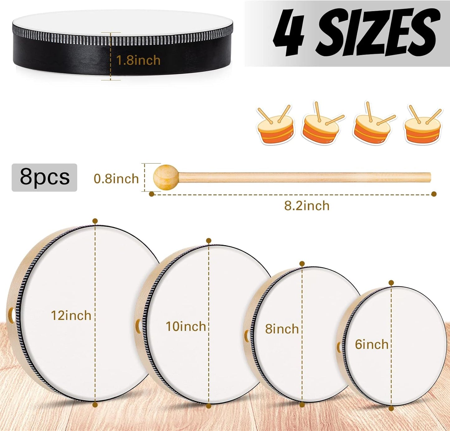 16 Pcs Kids Hand Drums Wooden Frame Drum with Drum Stick, 12 Inch 10 Inch 8 Inch 6 Inch Educational Musical Instruments for Adults Drums Beginners for Home School Party Supplies (Black and Wood Color)