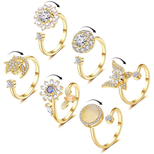 Honsny 6Pcs 14K Gold Plated Anxiety Rings for Women, Adjustable Spinner Anxiety Ring, CZ Butterfly Bee Moon Star Fidget Rings for Anxiety Stress Relief for Women