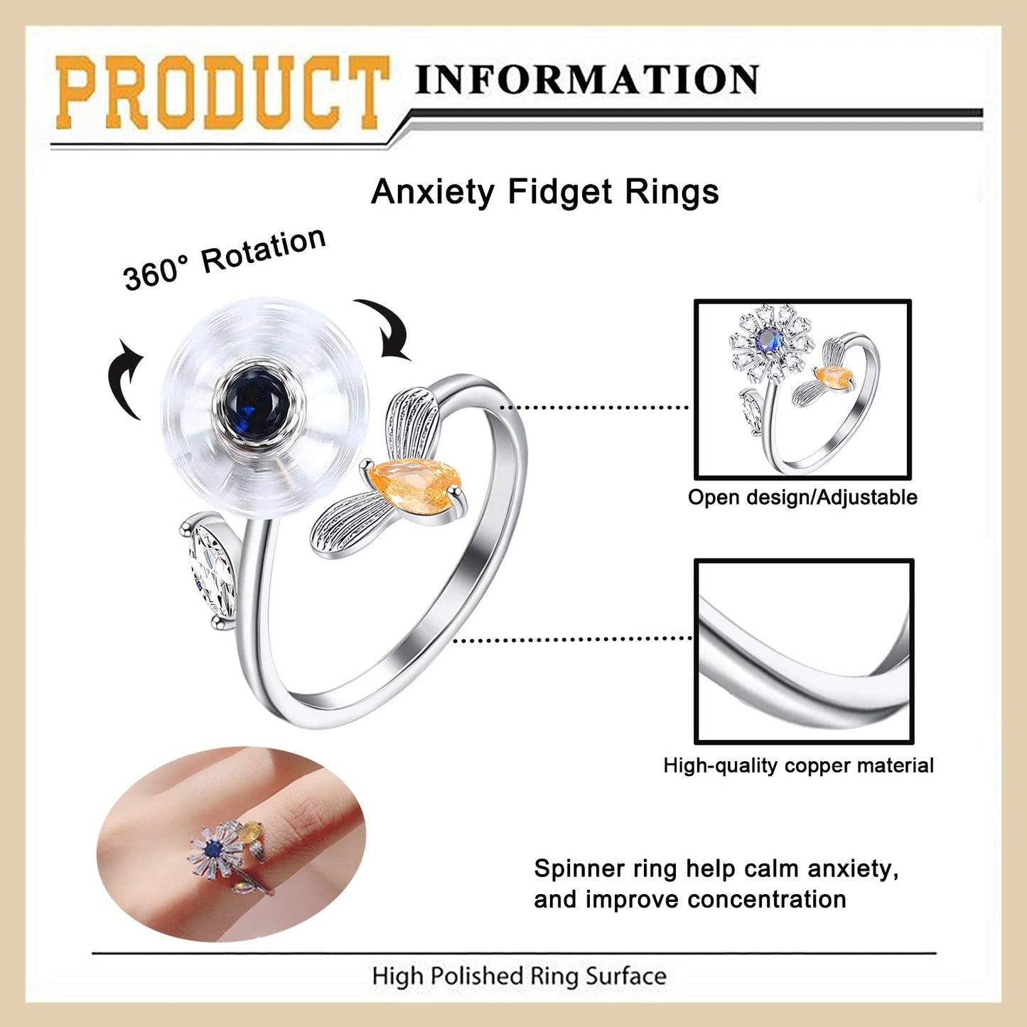 Honsny 6Pcs 14K Gold Plated Anxiety Rings for Women, Adjustable Spinner Anxiety Ring, CZ Butterfly Bee Moon Star Fidget Rings for Anxiety Stress Relief for Women