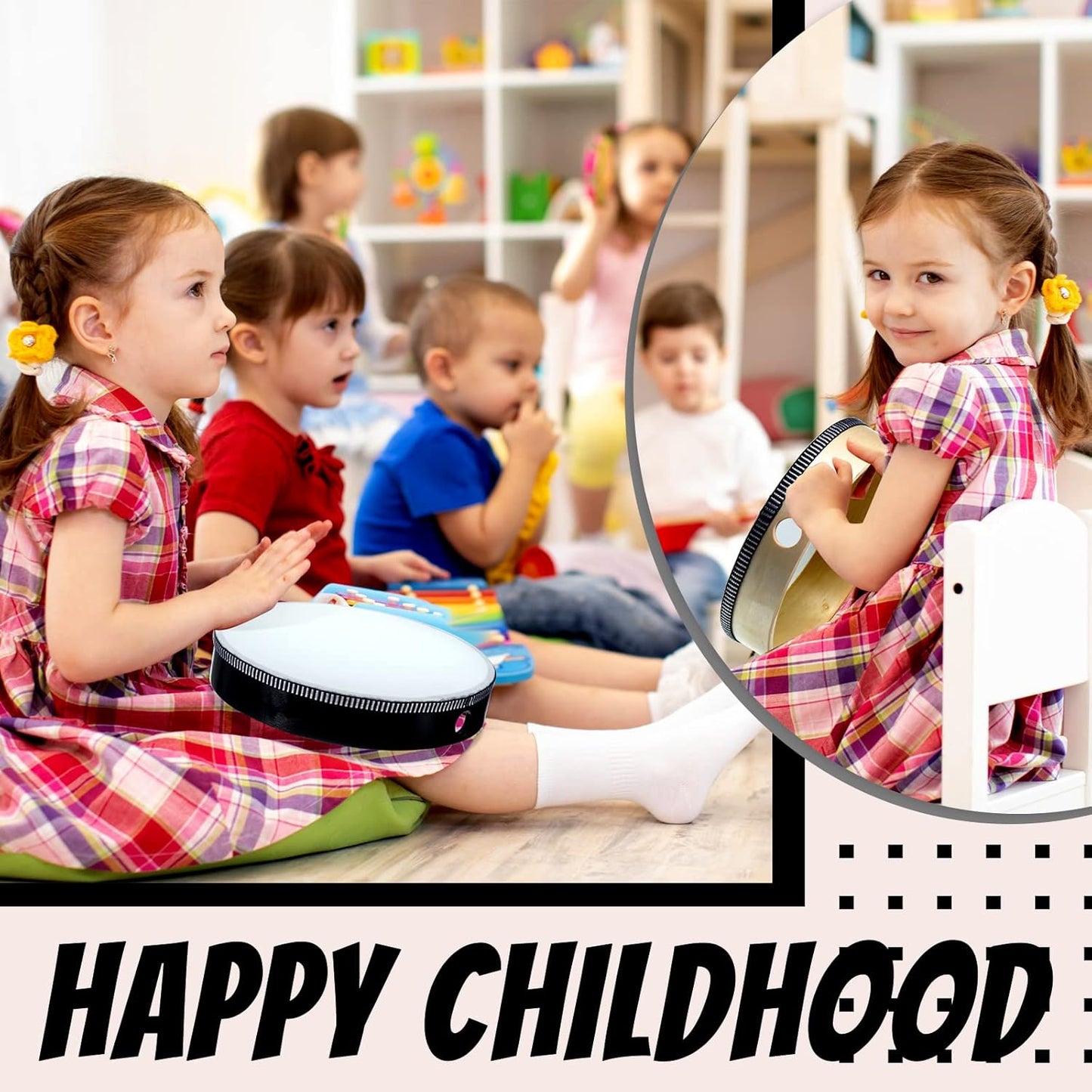 16 Pcs Kids Hand Drums Wooden Frame Drum with Drum Stick, 12 Inch 10 Inch 8 Inch 6 Inch Educational Musical Instruments for Adults Drums Beginners for Home School Party Supplies (Black and Wood Color)
