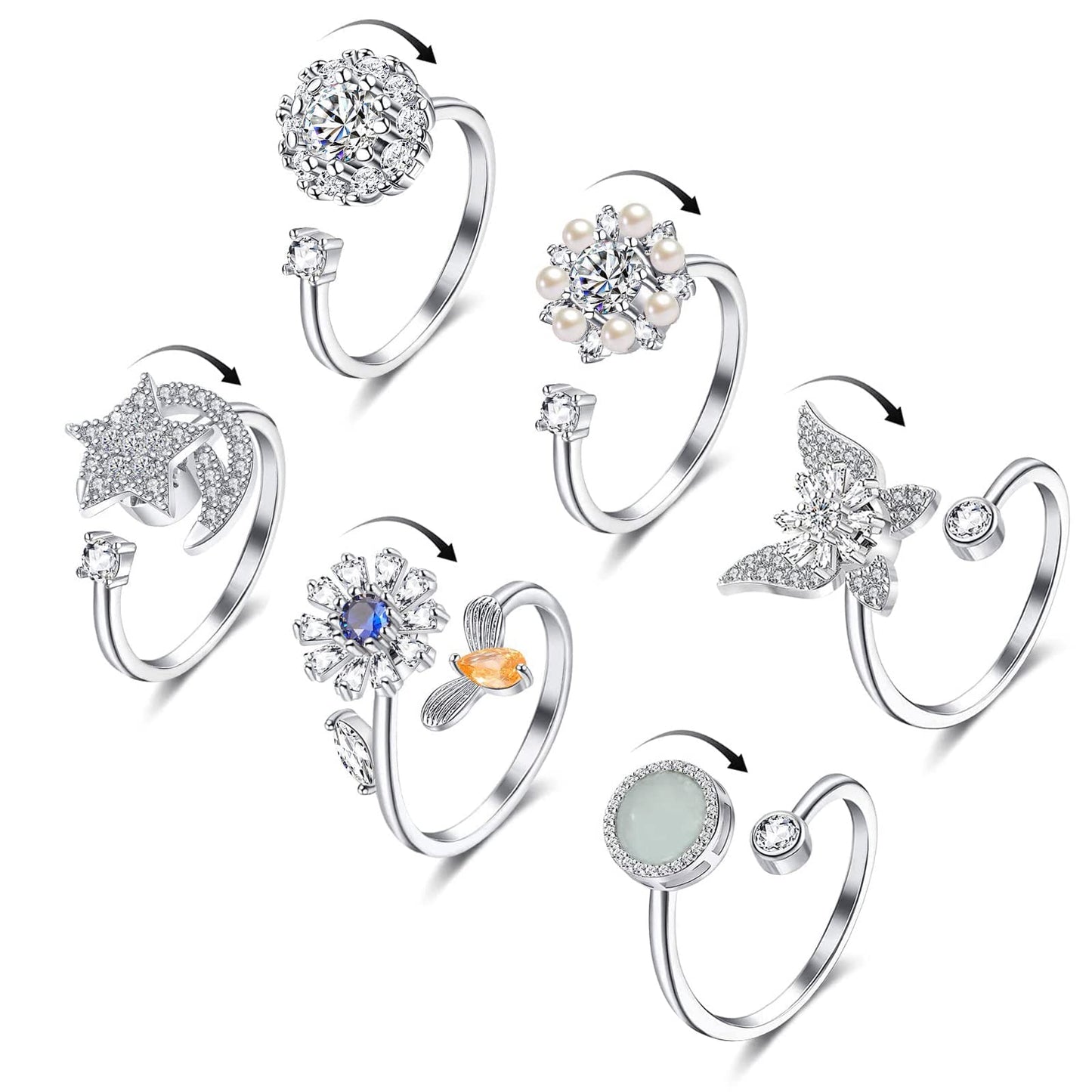 Honsny 6Pcs 14K Gold Plated Anxiety Rings for Women, Adjustable Spinner Anxiety Ring, CZ Butterfly Bee Moon Star Fidget Rings for Anxiety Stress Relief for Women