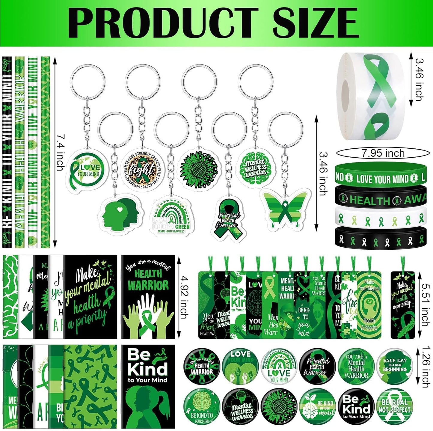 145 Pieces Mental Health Awareness Items Include Green Ribbon Silicone Bracelets Pin Notebook Bookmarks with Ribbon Keychain Pencils Stickers for Women Men Mental Health Awareness Prevention
