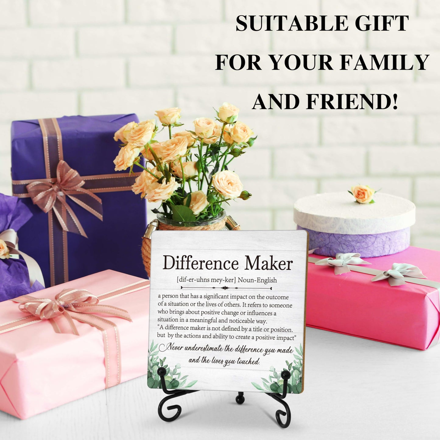 Difference Maker Gift, Inspirational Gifts Coworker Gifts For Women, Therapist Gifts, Office Christmas Gifts, Wood Plaque Sign With Stand (HG01)