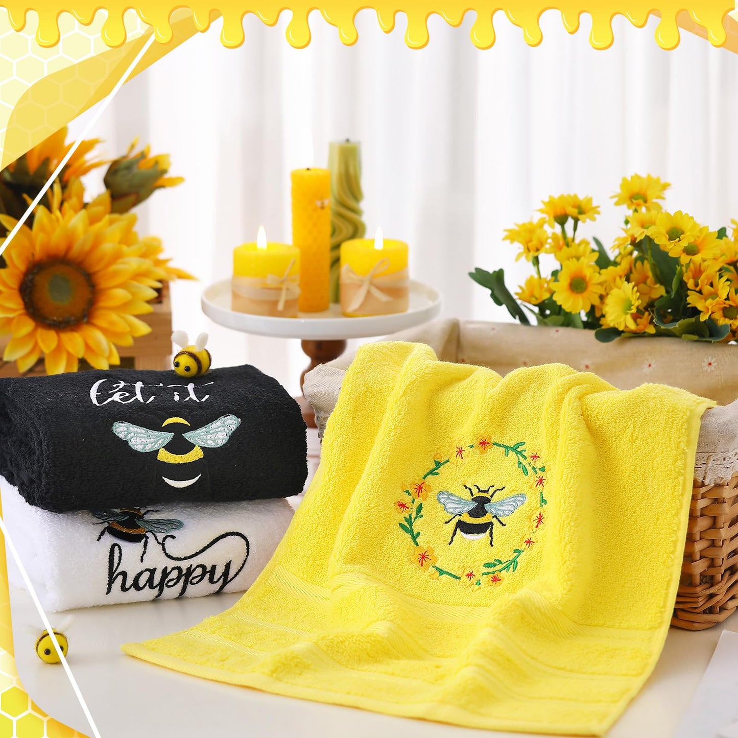 Bee Hand Towels Farmhouse Summer Yellow Bathroom Decor 14x29 Inch Embroidered Cute Bee Towels Cute Cotton Soft Absorbent for Bathroom Kitchen