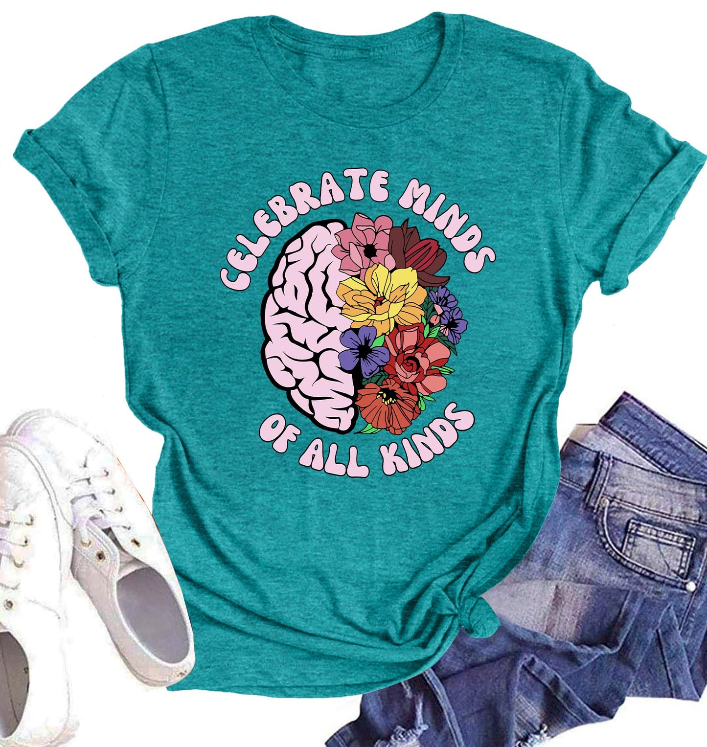 Celebrate Minds of All Kinds Shirts for Women Mental Health Matters Shirt Human Brain Awareness Shirt Tee Tops