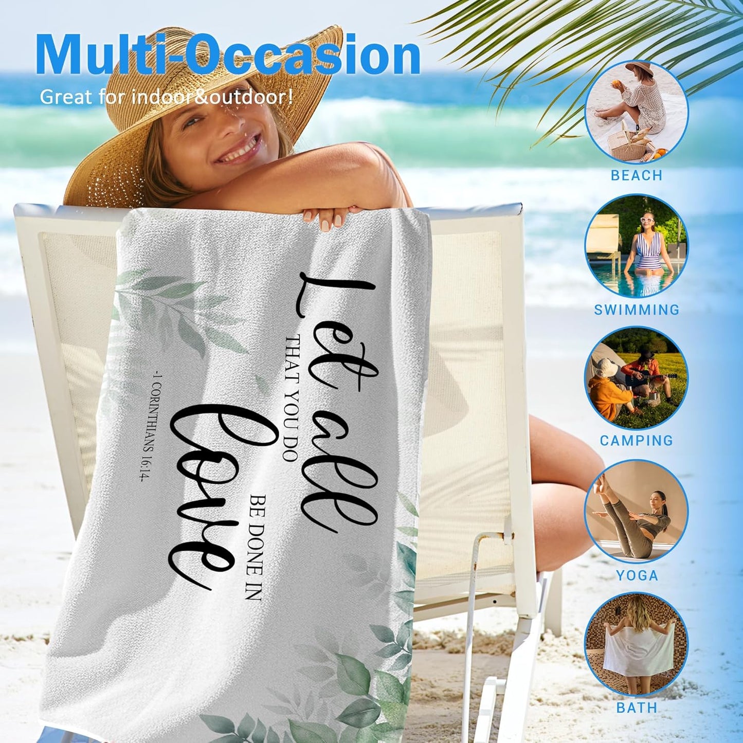 Couple Christian Let All That You Do Be Done in Love Beach Towel Set of 2, Honeymoon Wedding Beach Towels Valentines Day Gifts for Bride Groom, Rustic Beach Towels Decor for Bathroom 30x60in
