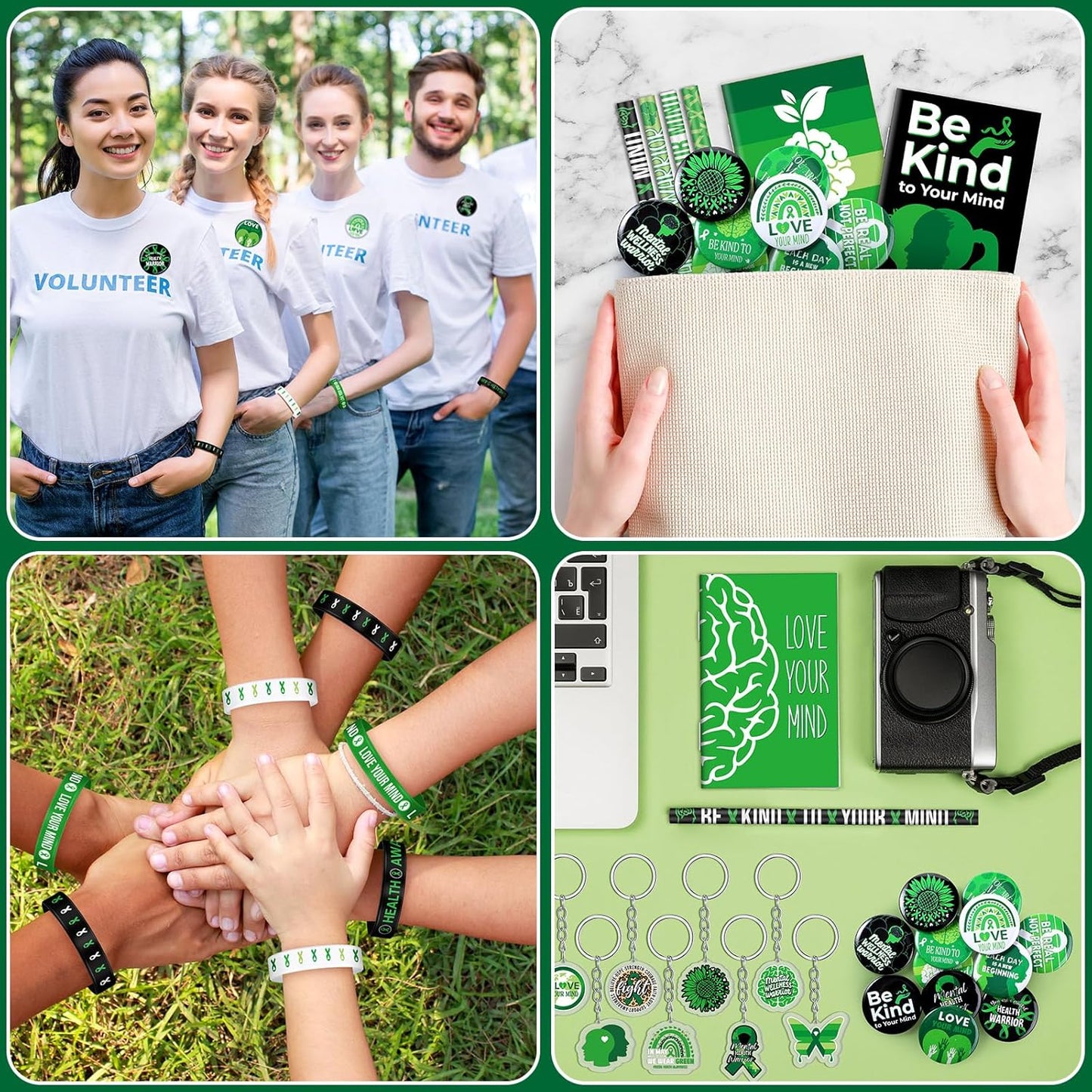 145 Pieces Mental Health Awareness Items Include Green Ribbon Silicone Bracelets Pin Notebook Bookmarks with Ribbon Keychain Pencils Stickers for Women Men Mental Health Awareness Prevention