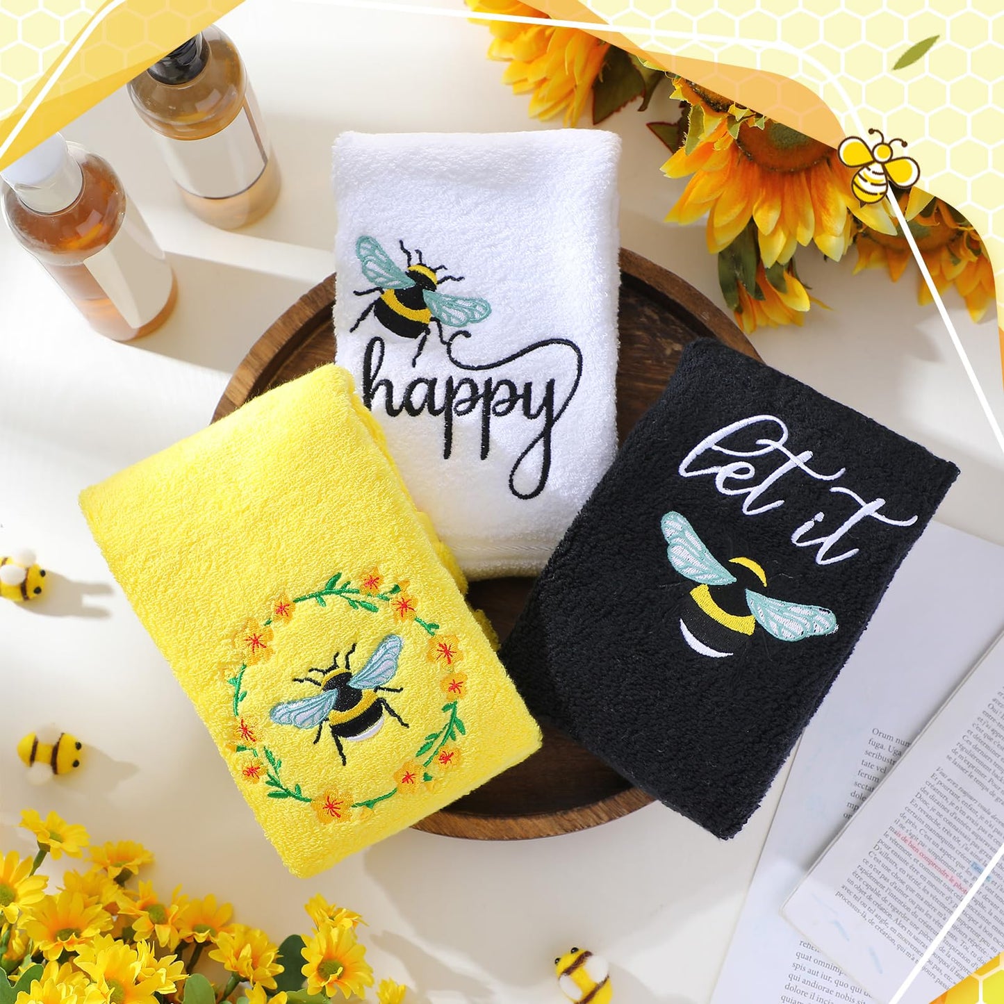 Bee Hand Towels Farmhouse Summer Yellow Bathroom Decor 14x29 Inch Embroidered Cute Bee Towels Cute Cotton Soft Absorbent for Bathroom Kitchen