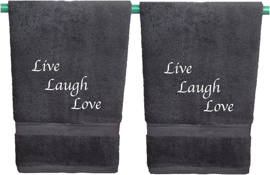Embroidered Hand Towels with Inspirational Message (Set of 2) for Bathroom, Kitchen or Spa. (Grey, Live, Laugh, Love)