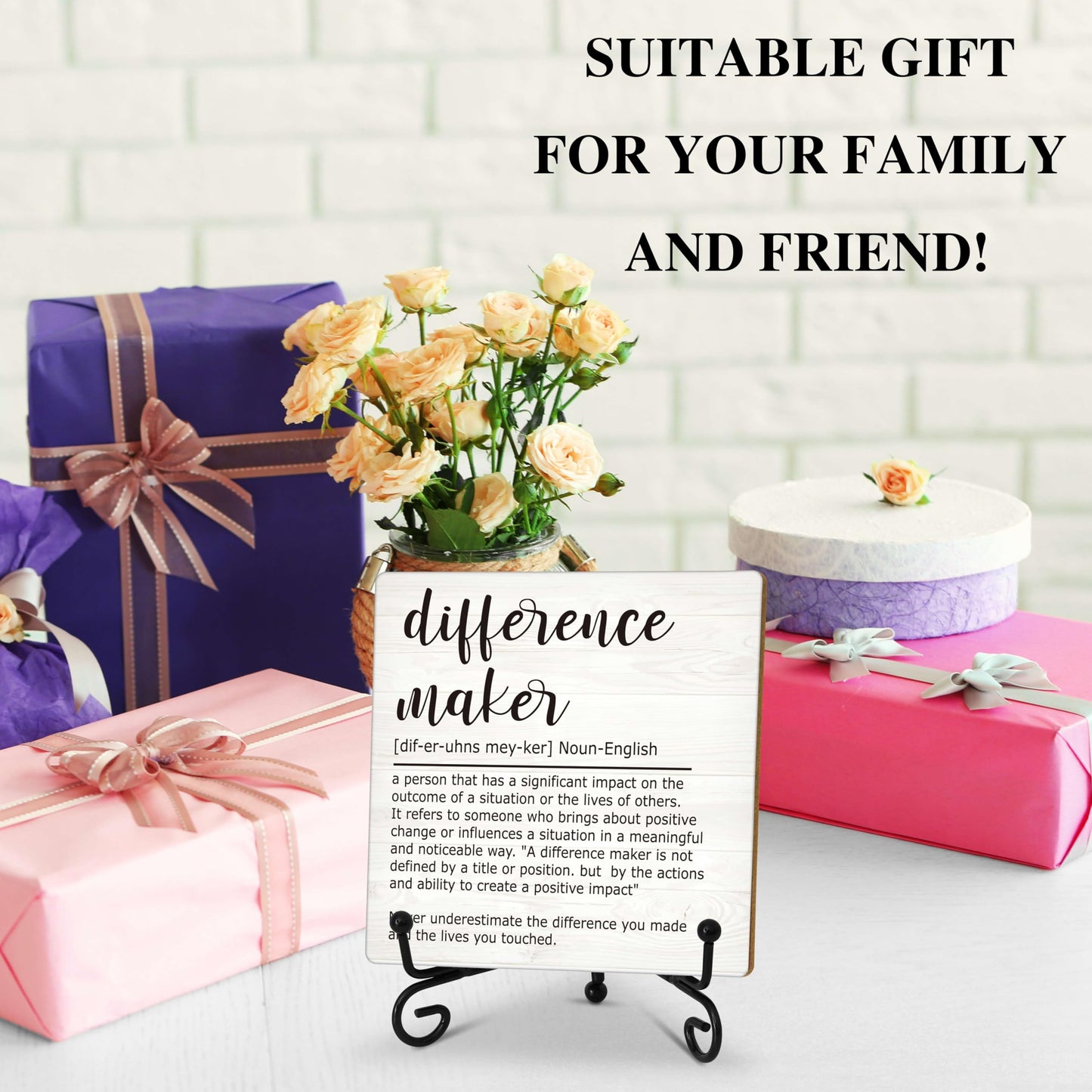 Difference Maker Gift, Inspirational Gifts Coworker Gifts For Women, Therapist Gifts, Office Christmas Gifts, Wood Plaque Sign With Stand (HG01)