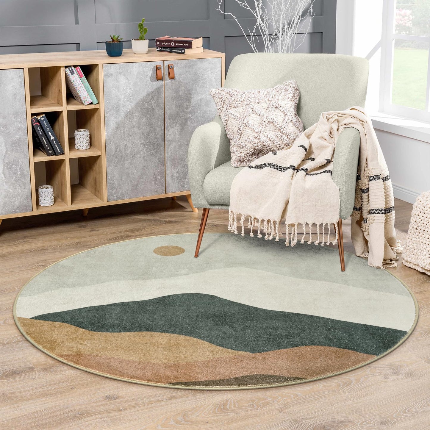 4ft Abstract Round Area Rug,Chic Faux Wool Washable Non-Slip Sun and Mountain Circle Rug,Soft Ultra-Thin Throw Rugs for Living Room/Bedroom/Office/Entryway/Kitchen(Blue)