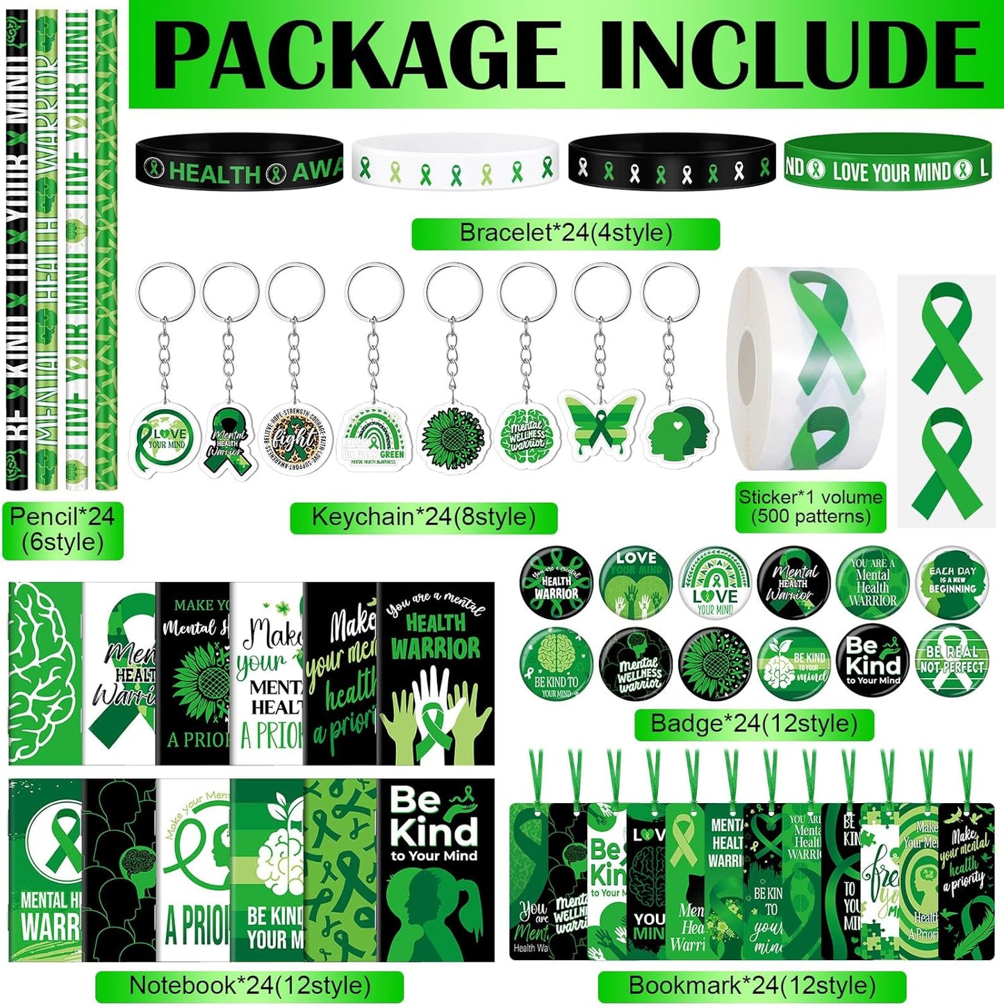 145 Pieces Mental Health Awareness Items Include Green Ribbon Silicone Bracelets Pin Notebook Bookmarks with Ribbon Keychain Pencils Stickers for Women Men Mental Health Awareness Prevention
